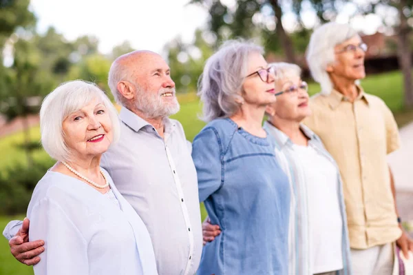 Groep Gelukkige Ouderen Die Zich Buiten Het Park Verenigen Ouderen — Stockfoto