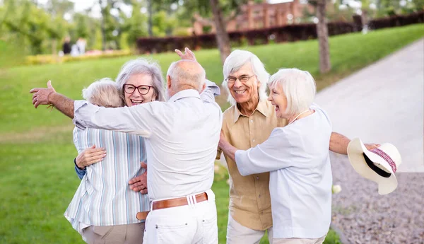 Gruppe Glücklicher Senioren Die Sich Park Freien Treffen Alte Menschen — Stockfoto