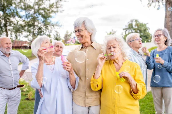 Groep Gelukkige Ouderen Die Zich Buiten Het Park Verenigen Ouderen — Stockfoto