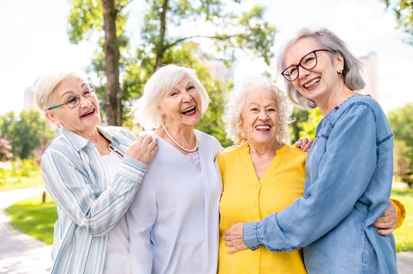 Skupina Spokojených Seniorů Kteří Potkávají Venku Parku Staří Lidé Věku — Stock fotografie