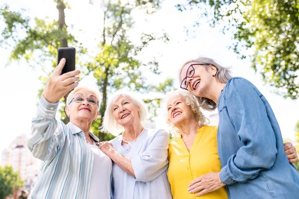 Skupina Spokojených Seniorů Kteří Potkávají Venku Parku Staří Lidé Věku — Stock fotografie