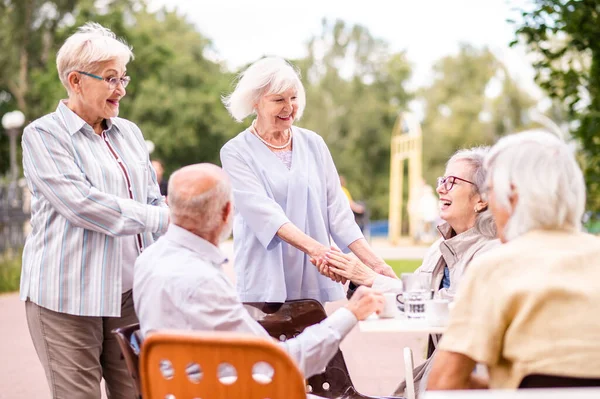 Grupa Szczęśliwych Osób Starszych Nawiązujących Więzi Świeżym Powietrzu Kawiarni Osoby — Zdjęcie stockowe