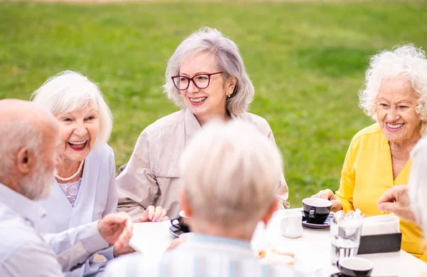 Grupper Glada Äldre Människor Som Förenas Utomhus Barcafeterian Gamla Människor — Stockfoto