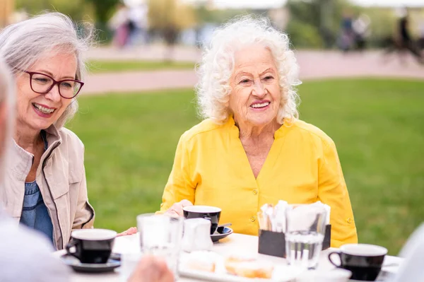 Groep Gelukkige Ouderen Die Buiten Een Band Hebben Cafetaria Van — Stockfoto