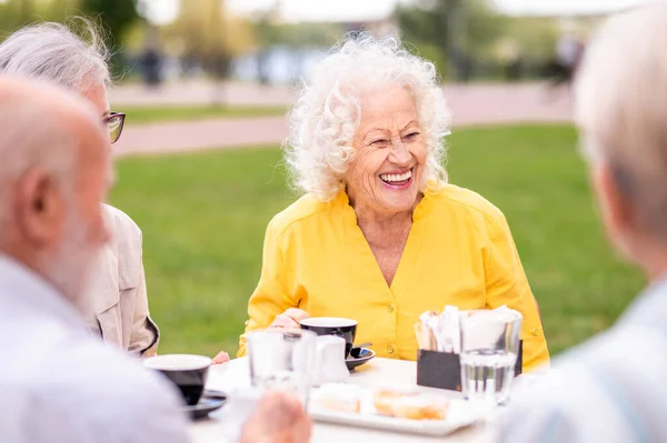 Gruppe Glücklicher Senioren Trifft Sich Freien Der Cafeteria Der Bar — Stockfoto