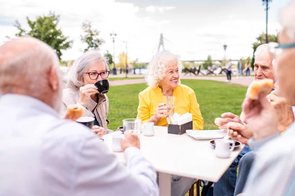 Grupo Personas Mayores Felices Que Unen Aire Libre Cafetería Del — Foto de Stock