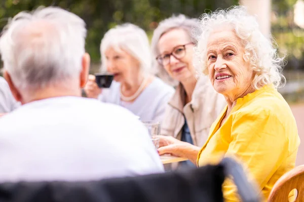 Ομάδα Από Χαρούμενους Ηλικιωμένους Που Δένουν Εξωτερικούς Χώρους Στην Καφετέρια — Φωτογραφία Αρχείου