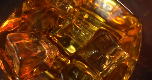 威士忌威士忌顶部视图。在玻璃杯中倒入含酒精的冰块,倒入金液,倒入玻璃杯.近距离宏观射门. — 图库视频影像