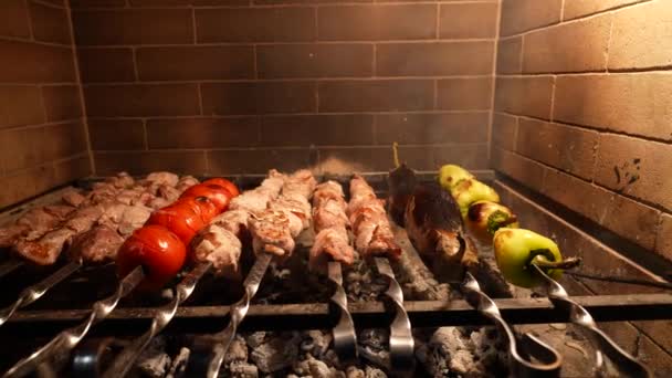 Barbacoa Embutidos de cerdo a la parrilla carne de cordero kebab marinado carne de barbacoa shashlik shish kebab al aire libre picnic. Shashlik o Shish kebab popular en Europa del Este y Rusia. — Vídeos de Stock