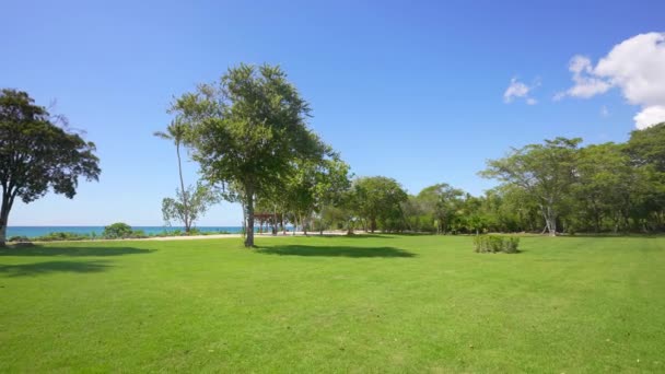 Hus residense nära havet. Fantastisk utsikt över havet. Grönt gräs. Många tropiska träd. Territorium för vila och pjäs. Kristallklart hav. — Stockvideo