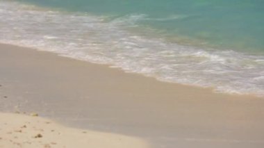 Güzel güneşli bir günde sakin, el değmemiş bir sahilde Maldivler adalarında mavi gökyüzü.