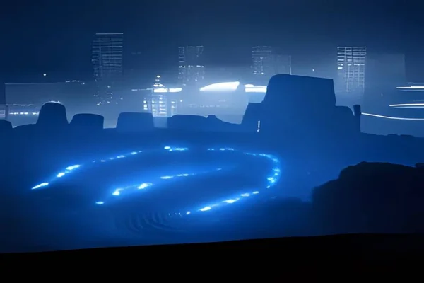 Sisteki gece şehrinin neon ışıkları