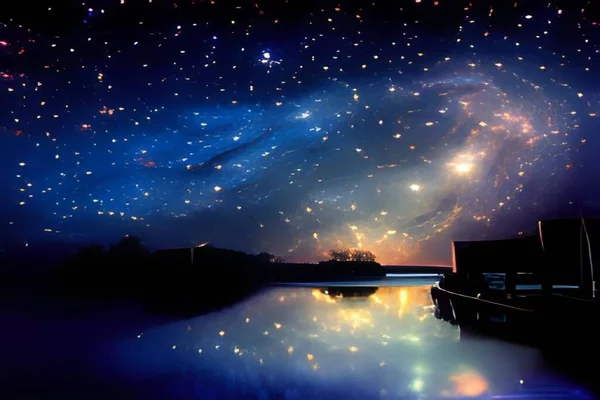 Gece, gölette yıldızlı gökyüzü