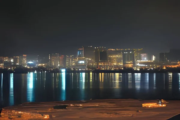 Vue Sur Ville Nocturne Depuis Rivière — Photo