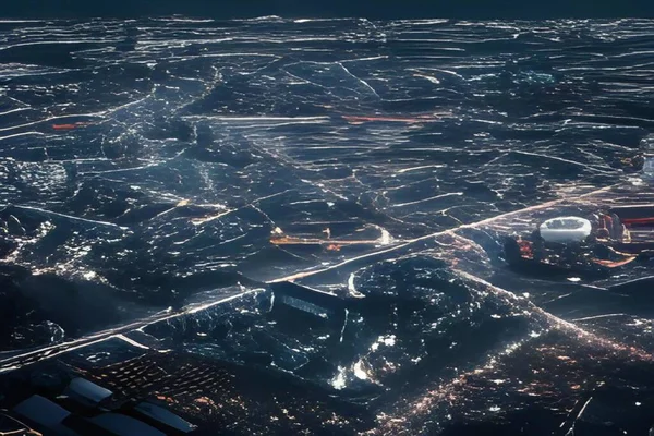 Geceleri şehrin kuş bakışı manzarası.