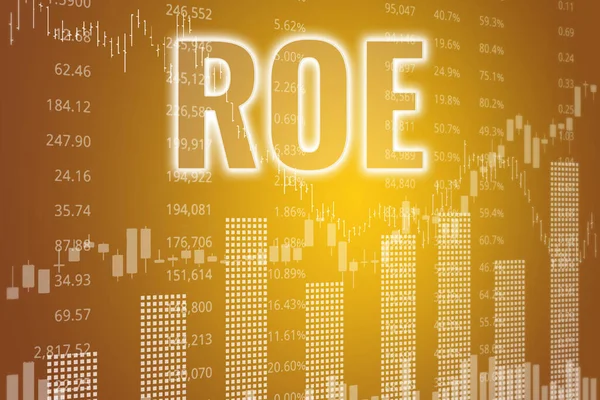 Financial term ROE - Return on Equity on yellow finance background from graphs, charts. Trend Up and Down. 3D render. Financial market concept