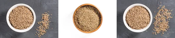 Set Spices Cumin Seeds Cuminum Jeera White Ceramic Bowl Black — Stock Photo, Image