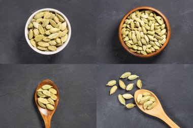 Baharat yeşili kakule (Elettaria kakule) seti tahta kaşık, seramik ve siyah beton arka planlarda ahşap kaseler. Kapatın. Düz yatıyordu. Sağlıklı yeme kavramı