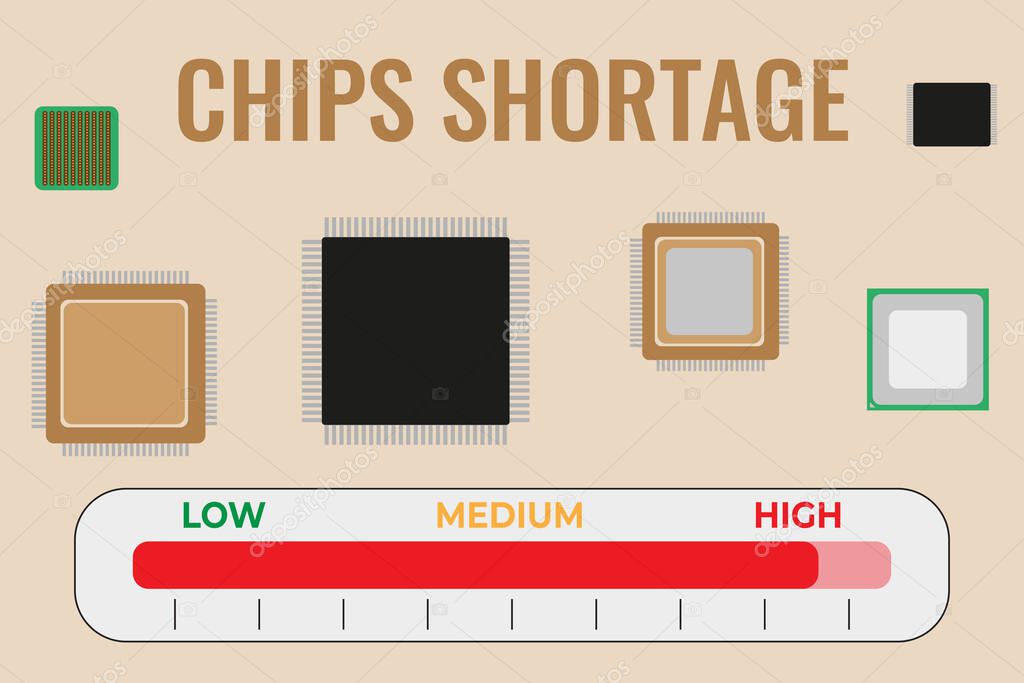 Semiconductor chips and a device showing a high shortage of chips for the global industry. Concept of a shortage of chips in the world.