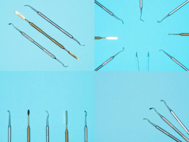 Mavi arka planda bir takım dişçi aletleri. Diş sağlığı konsepti