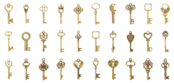 Set Vintage Gold Keys Isolated White Background Antique Design Concept — Stock Photo, Image