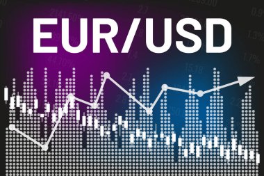 Graph currency pair EUR, USD on dark blue and violet finance background from columns, candlesticks, arrow