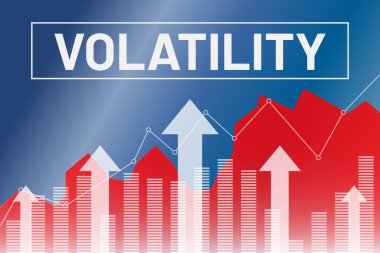 Term Volatility on financial market, blue and red finance background from columns, arrows