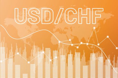 Graph currency pair USD, CHF on yellow finance background from columns, lines, world map