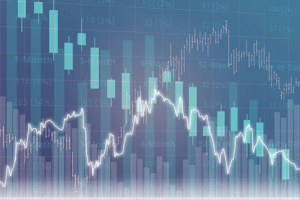 Mavi ve menekşe arkaplan üzerine yaratıcı finans grafiği sütunlar, çizgiler, şamdanlar, çubuklar, sayılar, metinler. Finansal piyasa ve yatırım konsepti. 2 Boyutlu hazırlama