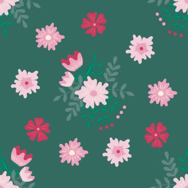 Koyu yeşil arka planda pembeleşen pembe çiçekler. Kumaş, moda, duvar kağıtları için çiçekler ve bitki resimleri