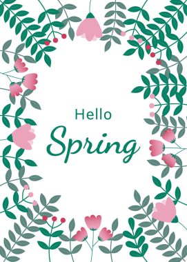 Merhaba bahar tebrik kartı, beyaz arka planda çiçek süsü.