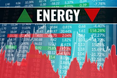 tock piyasa sektörü Enerji mavi ve kırmızı finans zemininde rakamlar ve grafiklerle. 3 boyutlu görüntüleme. Finansal piyasa kavramı