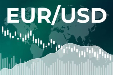 Koyu yeşil finans arkaplanındaki EUR ABD Doları grafiği sütunlar, şamdanlar, çizgi, dünya haritası
