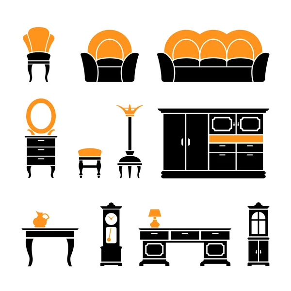 Conjunto de iconos de muebles retro y accesorios para el hogar — Vector de stock