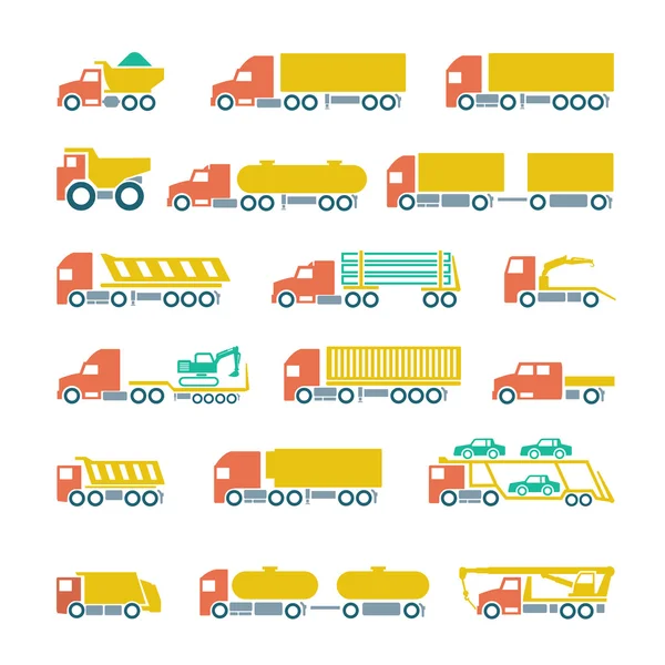 Set flat icons of trucks, trailers and vehicles — Διανυσματικό Αρχείο