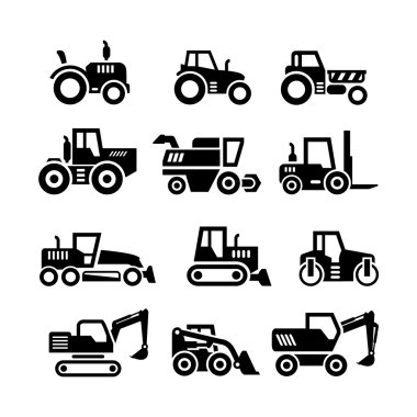 Set icons of tractors, farm and buildings machines, construction vehicles clipart
