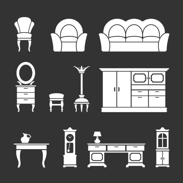 Набор иконок ретро мебели и аксессуаров для дома — стоковый вектор