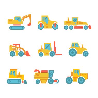 Traktörler, çiftlik ve yapı makineleri, inşaat araçlar modern düz Icons set