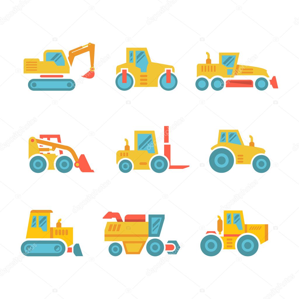 Set modern flat icons of tractors, farm and buildings machines, construction vehicles