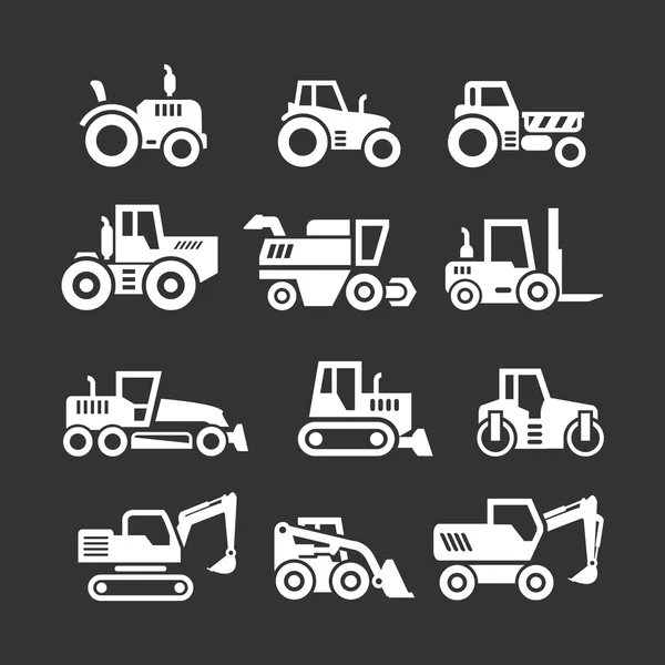 Traktörler, çiftlik ve yapı makineleri, inşaat araçlar Icons set
