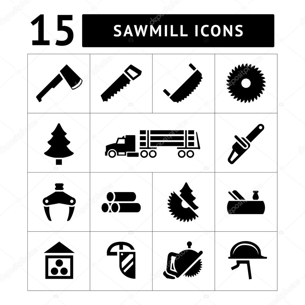 Set icons of sawmill, timber, lumber and woodworking
