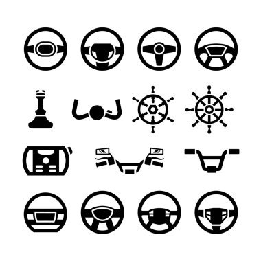 Set icons of steering wheel, marine steering, helm, bicycle and motorcycle handlebar clipart