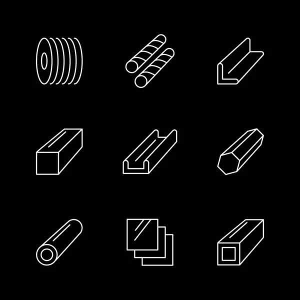Liniensymbole von Metallprodukten isoliert auf schwarz — Stockvektor