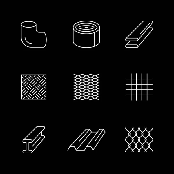 Set line iconen van metalen producten geïsoleerd op zwart — Stockvector