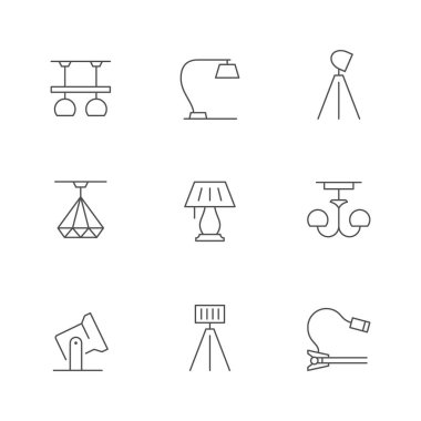Işık ekipmanlarının simgelerini beyaza ayır. Avize, zemin lambası, spot ışığı, ev ışığı. İç dizayn. Vektör illüstrasyonu