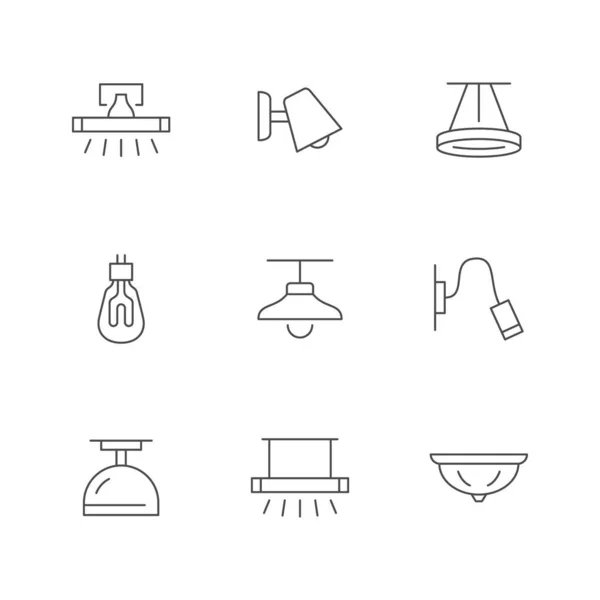 Set Line Icons Lighting Equipment Isolated White Chandelier Spotlight Home — Stock Vector