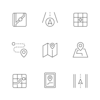 Konumun simgelerini beyaza ayır. Harita, yol yönü, GPS, konum belirleme, şehir rotası. Vektör illüstrasyonu