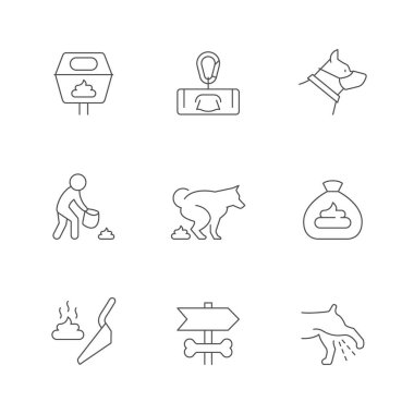 Beyazlar üzerinde izole edilmiş köpek yürüyüşü çizgisi simgeleri. Kaka torbası, hayvan kakası, eğitim parkı, evcil hayvan idrarı. Vektör illüstrasyonu