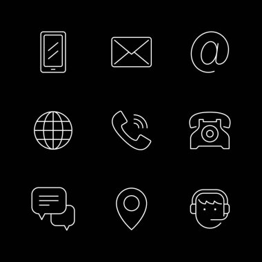Siyahta izole edilmiş iletişim simgelerini ayarla. Telefon sembolü, e-posta işareti, dünya, çağrı merkezi, yer kodu, online sohbet, zarf, cep telefonu. Vektör illüstrasyonu