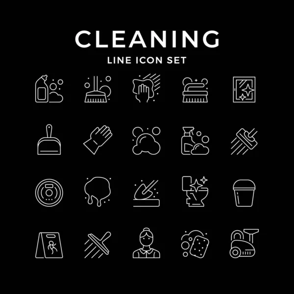 Set Line Icons Cleaning Isolated Black Vacuum Cleaner Brush Spray — Stock Vector